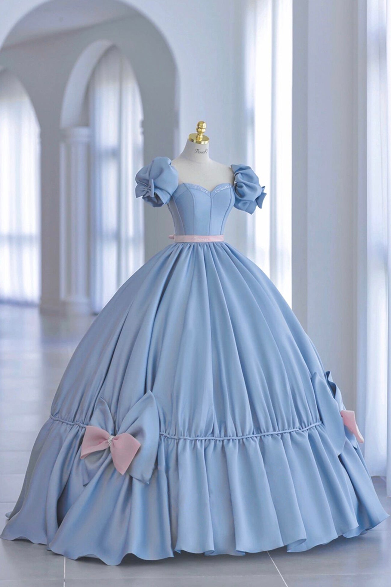 Blue Satin A-Line Princess Dress, Blue A-Line Evening Gown with Bow