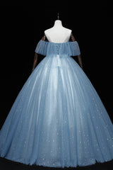 Blue Tulle Lace Long Prom Dresses, A-Line Off the Shoulder Evening Dresses