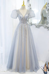 Gray Tulle Beading Long Prom Dresses, A-Line Short Sleeve Formal Evening Dresses