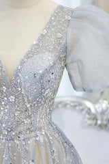 Gray Tulle Beading Long Prom Dresses, A-Line Short Sleeve Formal Evening Dresses