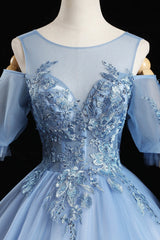 Blue Lace Long A-Line Prom Dresses, Blue Evening Dresses
