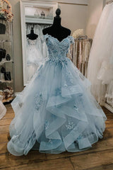 Blue Tulle Lace Long Prom Dresses, Off the Shoulder Evening Dresses