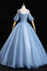 Blue Lace Long A-Line Prom Dresses, Blue Evening Dresses