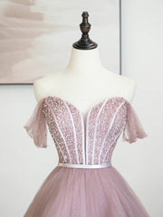 Pink Tulle Sequins Long Prom Dress, Off Shoulder Evening Dress