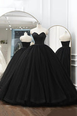 Black Tulle Long A-Line Prom Dresses, Black Strapless Long Evening Dresses
