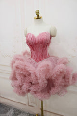 Pink Sweetheart Neck Short Prom Dress, A Line Party Dress with Feather