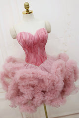 Pink Sweetheart Neck Short Prom Dress, A Line Party Dress with Feather