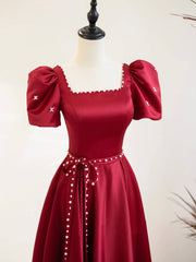 Burgundy Satin Short Sleeve Floor Length Prom Dress, Burgundy Evening Dress with Pearls