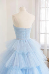 Blue Layers Tulle Long Prom Dresses, A-Line Strapless Evening Dresses