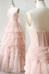 Pink Tulle Lace Long Prom Dresses, A-Line Strapless Evening Dresses