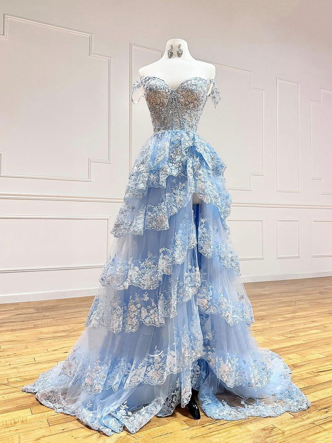 Blue Tulle Sequins Long Prom Dress, Beautiful Off Shoulder Evening Dress