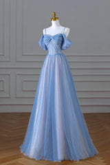 Blue Spaghetti Strap Tulle Floor Length Prom Dress, A-Line Evening Dress