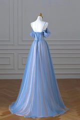 Blue Spaghetti Strap Tulle Floor Length Prom Dress, A-Line Evening Dress