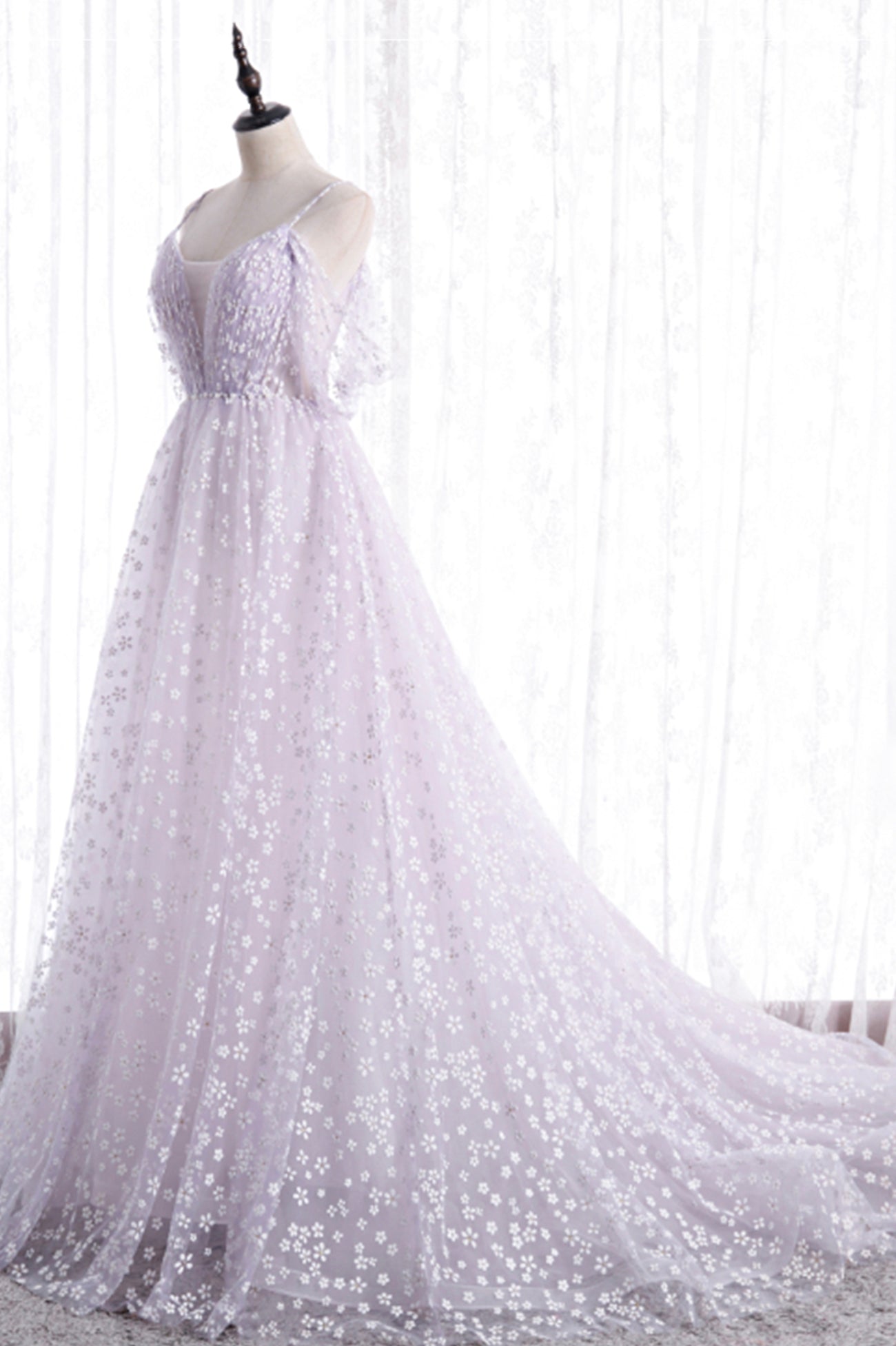 Lovely V-Neck Floral Tulle Long Prom Dress, Lavender A Line Evening Party Dress