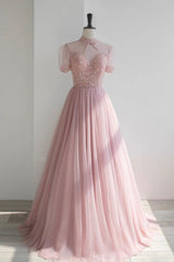Pink Tulle Beading Long Prom Dresses, Lovely A-Line Evening Party Dresses
