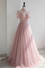 Pink Tulle Beading Long Prom Dresses, Lovely A-Line Evening Party Dresses