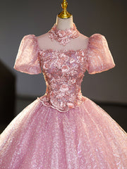 Pink Tulle and Lace Long Prom Dress with Sequins, Beautiful A-Line Sweet 16 Dress