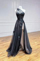 Black Tulle Lace Long Prom Dress, One Shoulder Evening Dress with Slit