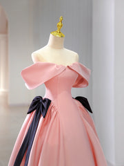 Pink Satin Floor Length Prom Dress, Off Shoulder Party Dress