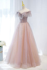 Pink Tulle Beaded Long Formal Dress, Pink V-Neck Prom Dress