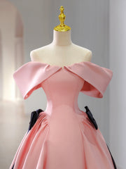 Pink Satin Floor Length Prom Dress, Off Shoulder Party Dress