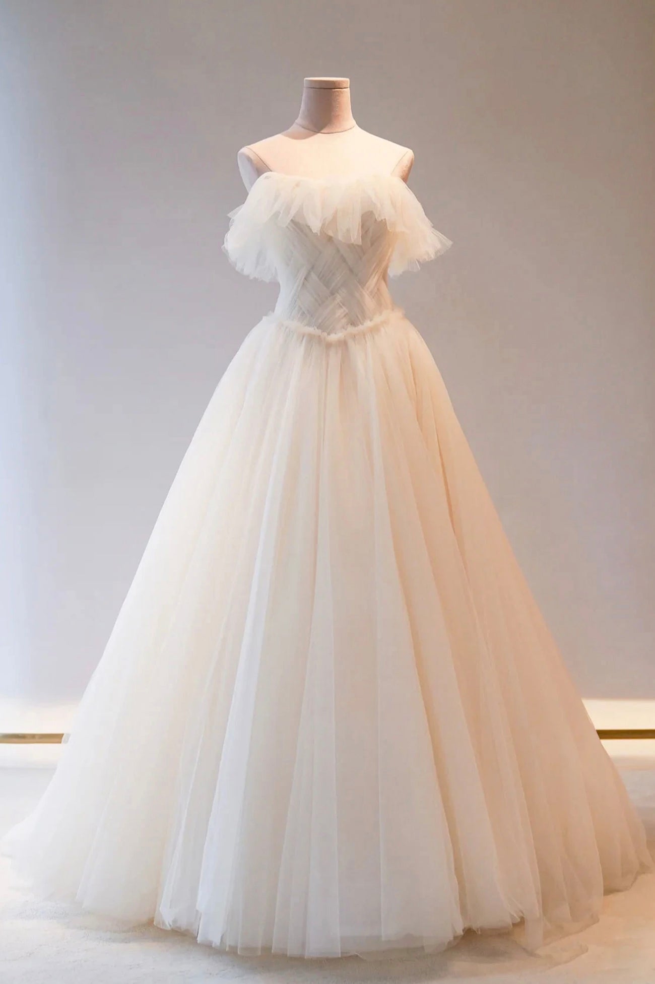 Champange Tulle Long Prom Dress, A-Line Evening Dress