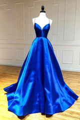 Blue V-Neck Satin Long Prom Dresses, A-Line Backless Evening Dresses