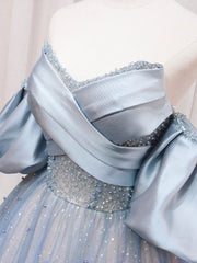 Blue Puff Sleeve Long A-Line Prom Dress, Off the Shoulder Formal Evening Dress