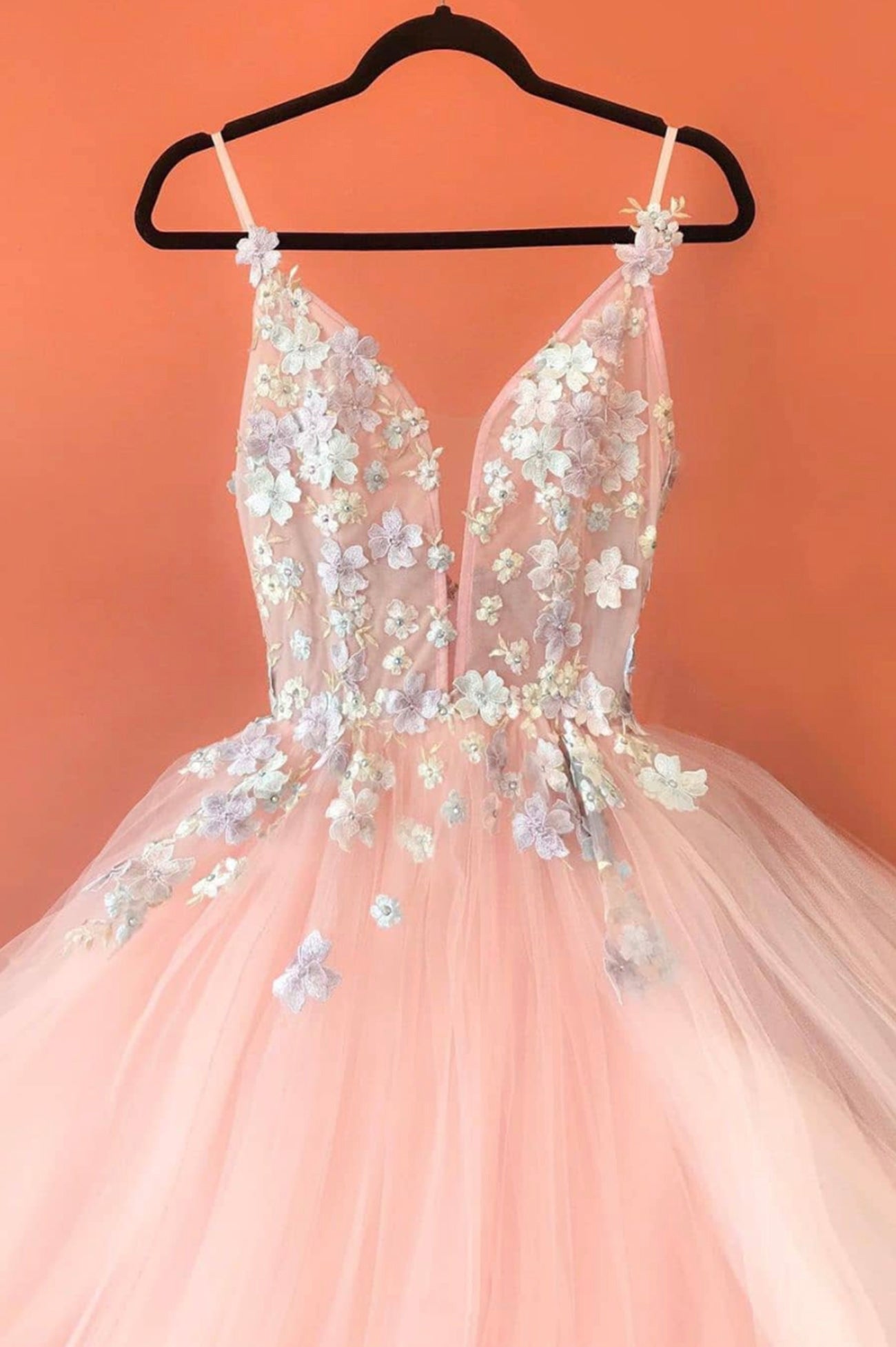 Pink V-Neck Tulle Lace Long Prom Dresses, Pink Evening Dresses