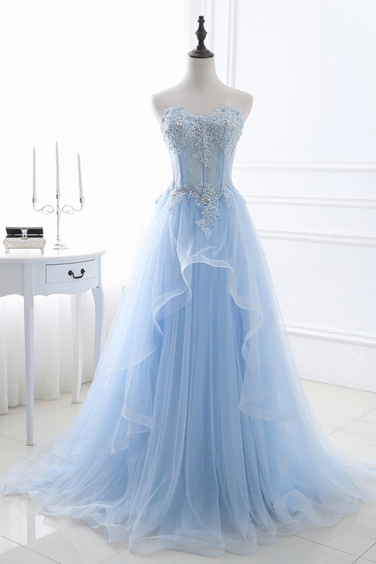 Blue Strapless Tulle Lace Long A-Line Prom Dress, Blue Evening Dress