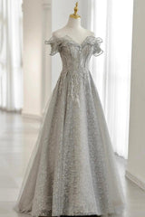 Grey Tulle Sequins Long A-Line Prom Dresses, Off the Shoulder Evening Dresses