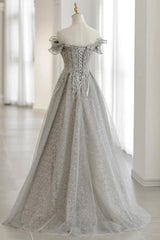 Grey Tulle Sequins Long A-Line Prom Dresses, Off the Shoulder Evening Dresses