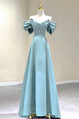 Blue Satin Long A-Line Prom Dress, Off the Shoulder Evening Dress
