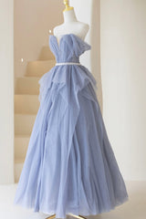 Blue Off Shoulder Tulle Long Formal Dress, A-Line Blue Evening Dress
