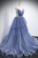 Blue Layers Tulle Long Prom Dresses, A-Line Spaghetti Straps Evening Dresses