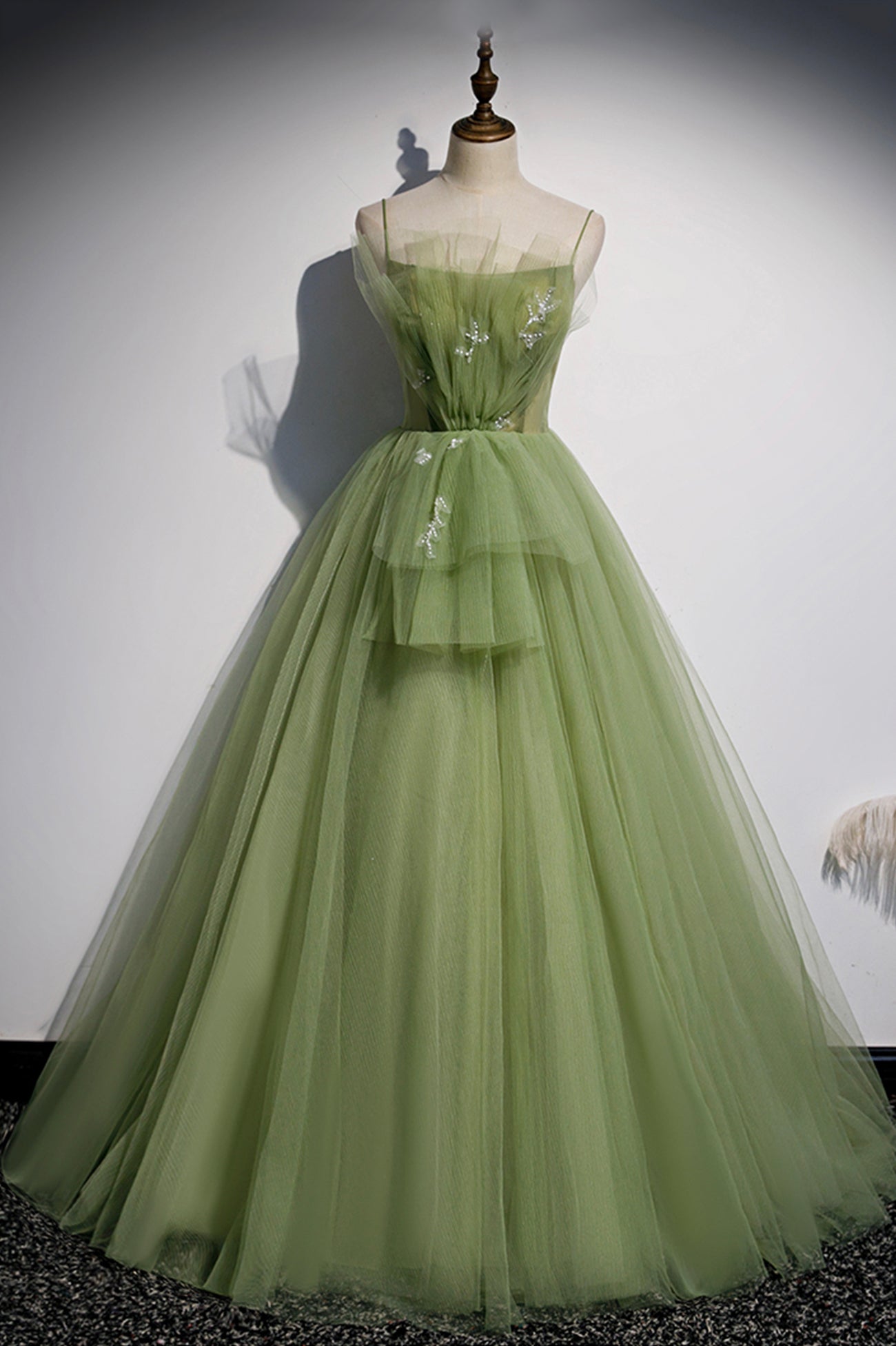 Green Tulle Long A-Line Prom Dresses, Green Spaghetti Straps Evening Dresses