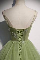 Green Tulle Long A-Line Prom Dresses, Green Spaghetti Straps Evening Dresses