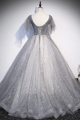 Grey V-Neck Tulle Long Prom Dresses, A-Line Evening Dresses