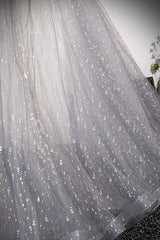 Grey V-Neck Tulle Long Prom Dresses, A-Line Evening Dresses
