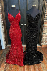 Mermaid Sequins Long Prom Dress, Spaghetti Strap Backless Evening Party Dress