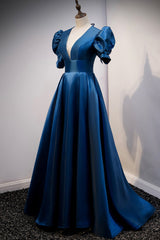 Blue V-Neck Satin Long Prom Dresses, A-Line Blue Evening Dresses