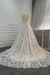 Elegant V-Neck Lace Long Prom Dresses, A-Line Evening Dresses