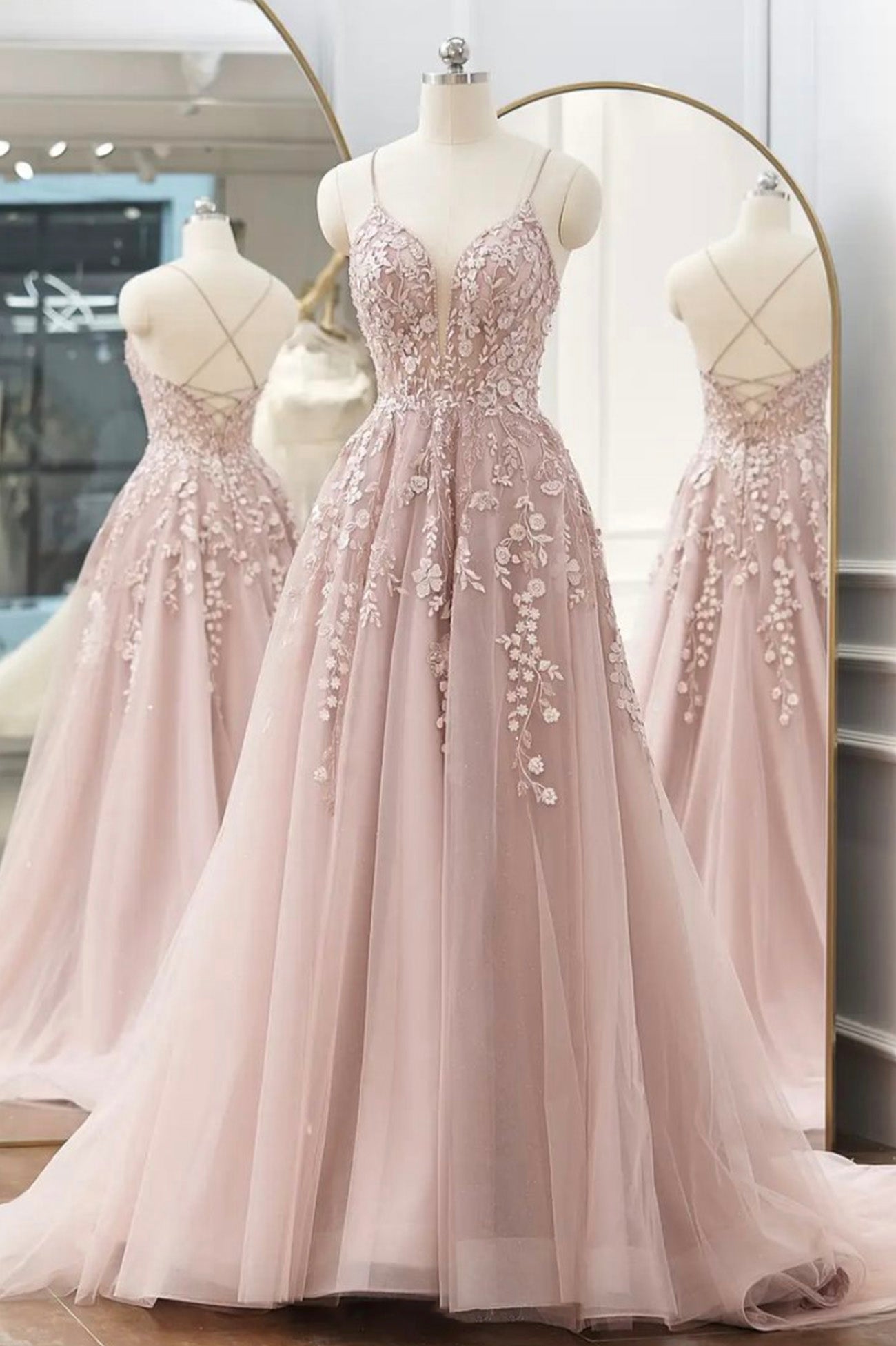 Pink Tulle Lace Long Prom Dresses, A-line Spaghetti Strap Evening Dresses