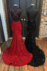 Mermaid Sequins Long Prom Dress, Spaghetti Strap Backless Evening Party Dress