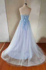 Blue Strapless Lace Long A-Line Prom Dress, Blue Evening Party Dress