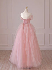 Pink Tulle Lace Long Prom Dress, Off the Shoulder Evening Dress