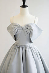 Gray Satin Long A-Line Prom Dress, Off the Shoulder Evening Dress with Pearls