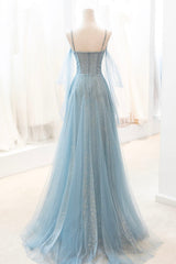 Blue Spaghetti Strap Tulle Long Prom Dress, V-Neck Evening Party Dress