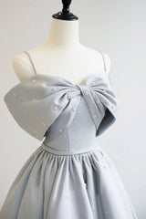 Gray Satin Long A-Line Prom Dress, Off the Shoulder Evening Dress with Pearls