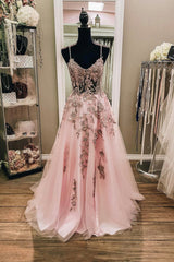 Pink Tulle Lace Long Prom Dresses, Lovely A-Line Evening Dresses